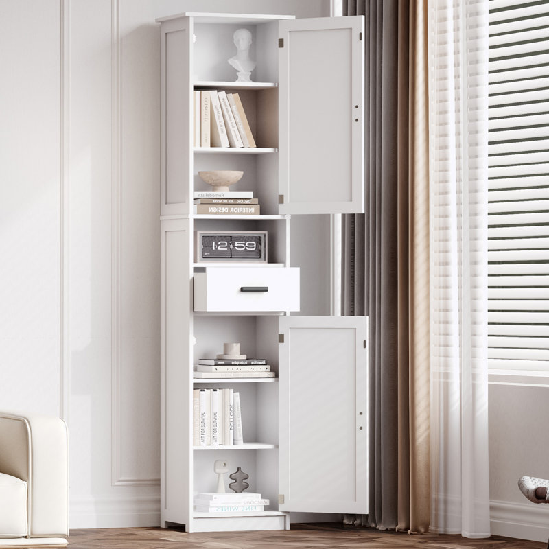 Tall Bathroom Storage Cabinet with 2 Barn Doors, 1 Drawer, Adjustable Shelves, and Narrow Design for Small Spaces, White