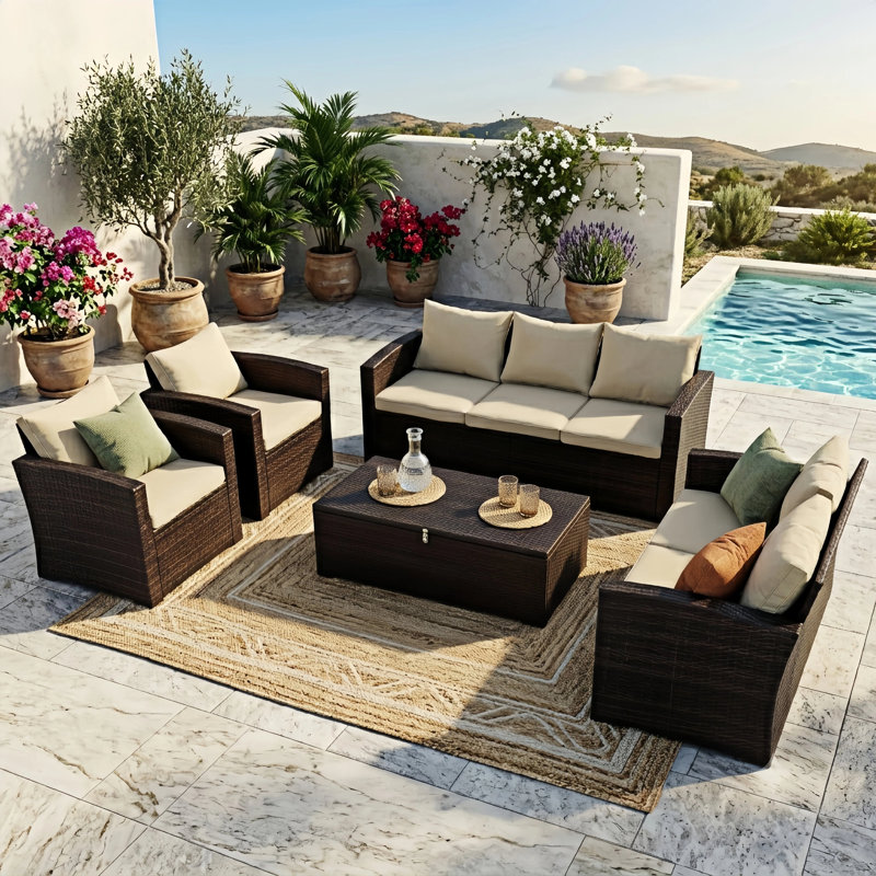 Arlington Outdoor Wicker 7 Person Seating Group with Cushions & Storage,  Dark Brown Frame/Beige Cushion
