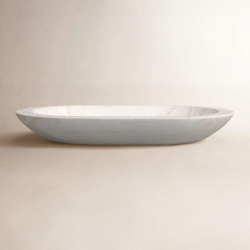 Hand-Carved Paulownia Wood Bowl with Whitewashed Finish, Whitewashed, 2"H x 14.5"W x 10.25"D