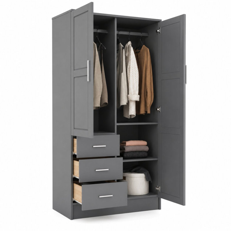 Armoire-penderie 100% en bois massif à 2 portes Metro avec tiroirs, tablettes et tringle - armoire de rangement pour vêtements autoportante