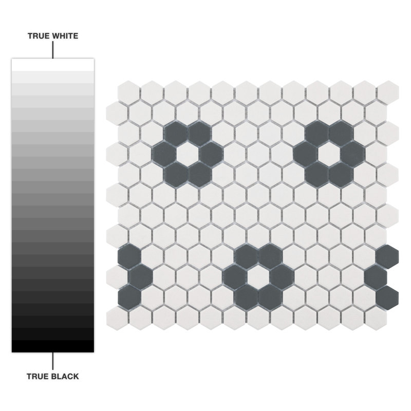 Gotham 1" Hex White with Black Flower 10-1/4" x 11-3/4" Porcelain Mosaic Tile