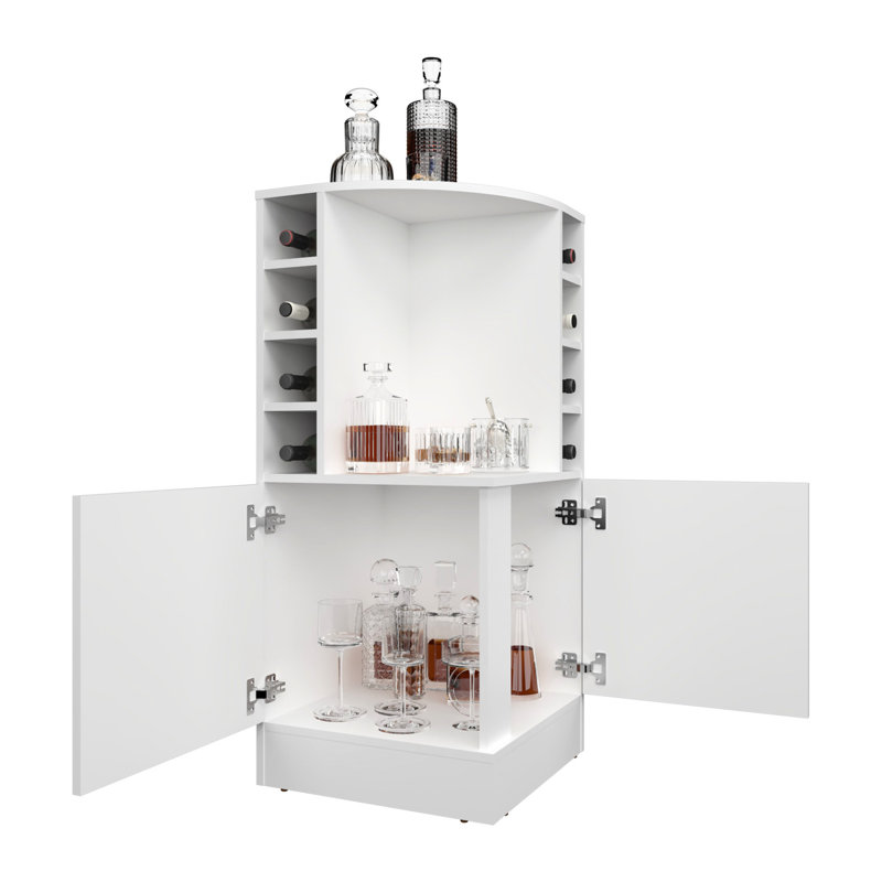 42" Tall White Corner Bar Cabinet - Modern With 8 Bottle And Double Door Storage Wine, White