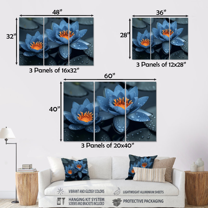 «Blue Monicolang Lotus Pond Radiant Blooms III - Lotus», ensemble d'art mural, H 28 po x l 36 po x P 1 po