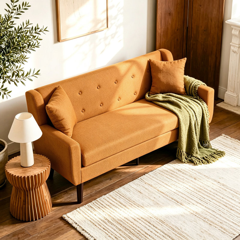 Davey Upholstered Linen Blend Button Tufted Square Arm Loveseat, ORANGE Linen Blend