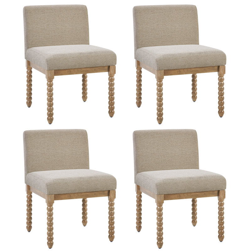 Upholstered Low Back Rubber Wood Bobbin Legs Dining Chair, Cream, 4, Walnut