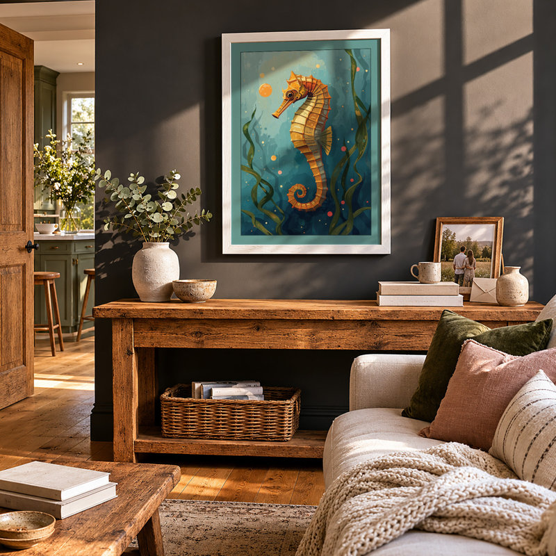 Striped Seahorse Coastal - Framed Print, A1 - 84.1 x 59.4 cm, White