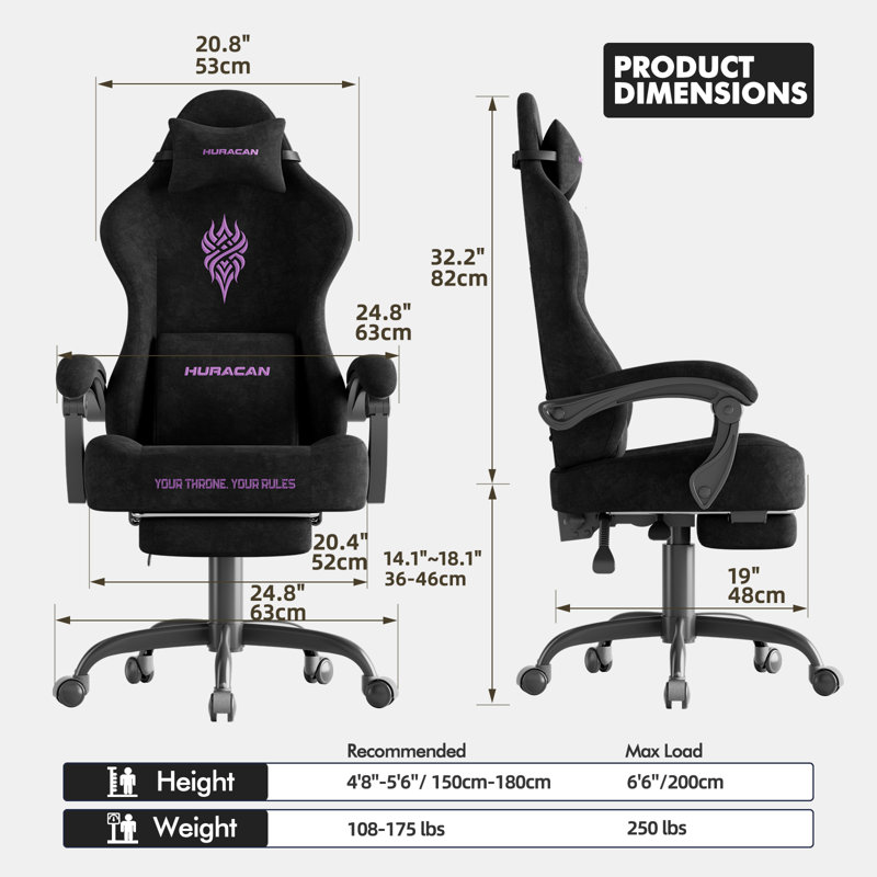 Soontrans Velvet Fabric Gaming Chair with Footrest High Back Ergonomic Gamer Chair with Headrest and Massage Lumbar Cushion Reclining Computer Office Game Chair for Adults, Black