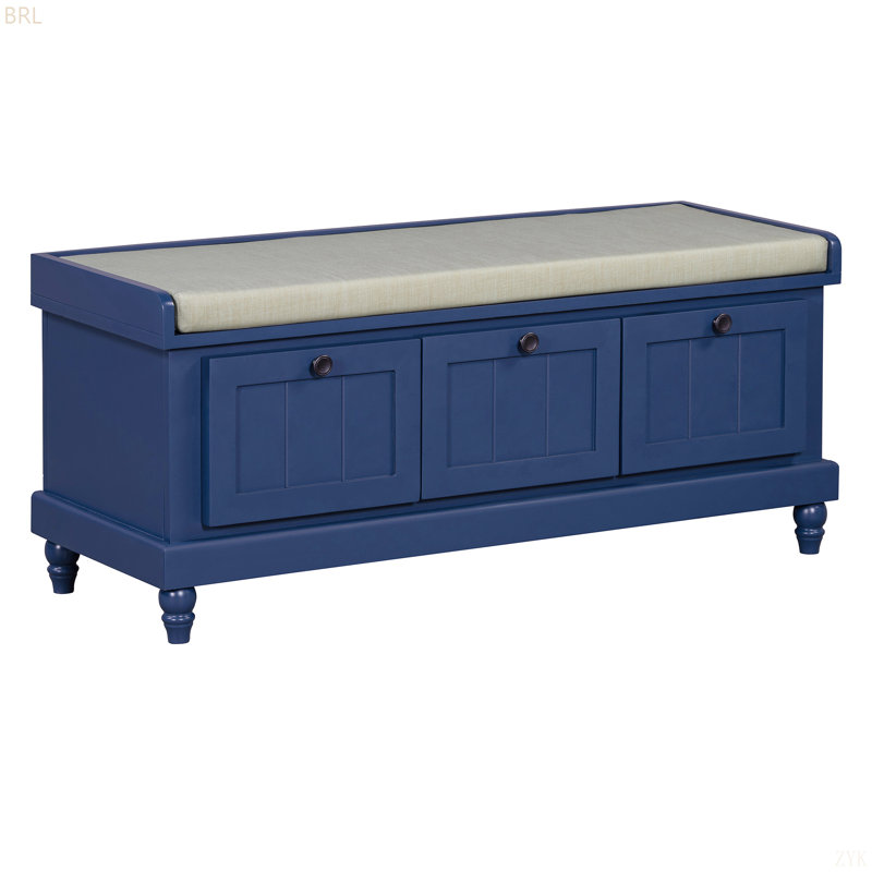 TREXM Classic Shoe Bench With Cushion And Three Drawers, Fluted Entryway Bench With Storage For Living Room, Entryway, And Hallways