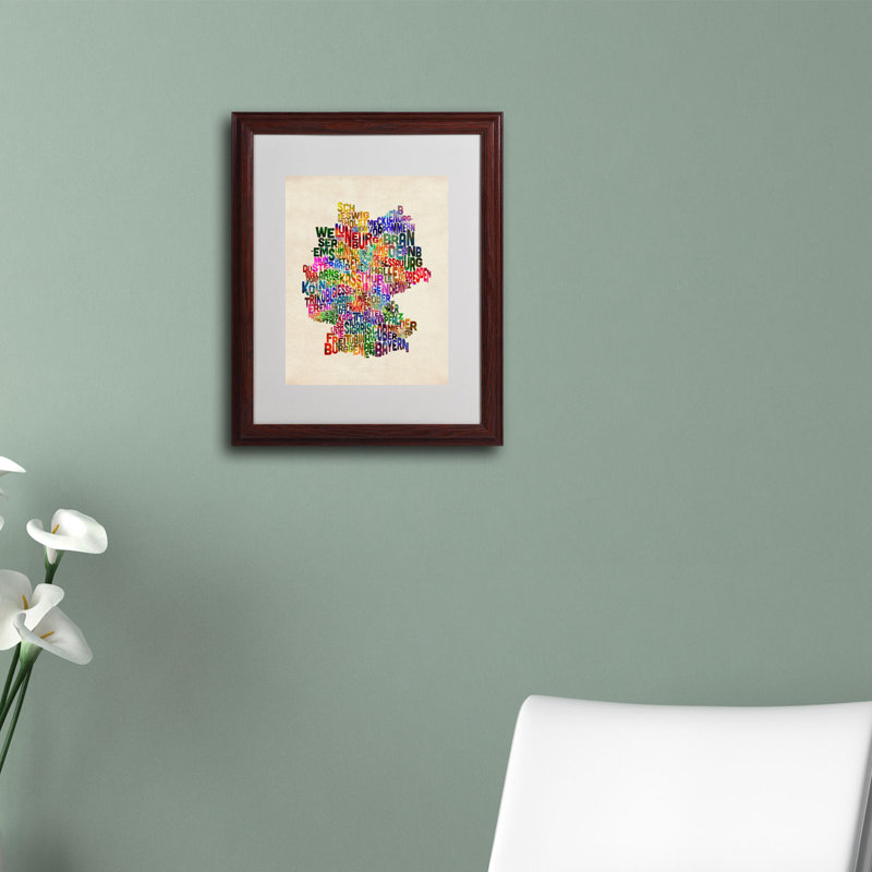 « germany region text map map 2 », art textuel encadré par michael thompsett, H 20 po x l 16 po x P 0,5 po, Brun - Biseautée