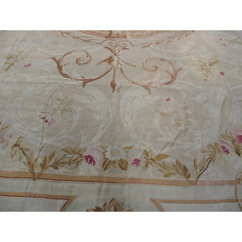 Antique Aubusson Oversized Large Big Wool Ivory Rug