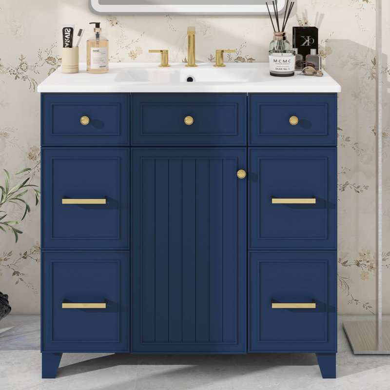 Ensemble de meuble-lavabo 36 po avec lavabo 36 po, meuble-lavabo moderne avec 3 tiroirs et portes à fermeture en douceur, armoire de salle de bain en bois massif avec lavabo encastré en céramique