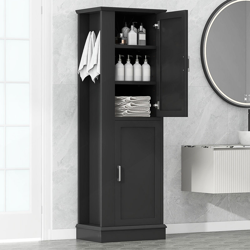 Freestanding Tall Bathroom Storage Cabinet With Hook And Adjustable Shelf, Black