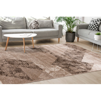 Tapis crème à motif géométrique beige et brun à poils courts