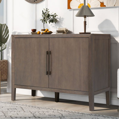 47.25-Inch Farmhouse Sideboard with Pine Veneer and 2 Doors, Retro Buffet with Adjustable Feet, Minimalist Wooden Storage Cabinet with Metal Handles f