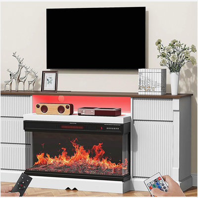 Meuble télé moderne en verre à 3 côtés avec foyer électrique pour téléviseur de 80 po ou moins, centre de divertissement avec lumières DEL, armoire de rangement et tiroirs pour le salon