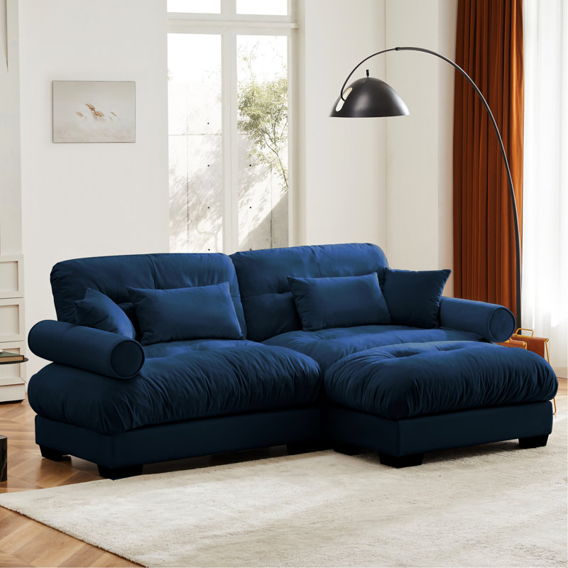 Fauteuil à deux places en velours bleu avec traversin rond, conception élégante exquise pour le salon, coussins décoratifs en forme de nuage, rembourrage, structure divisée flexible au-dessus de l'allure rétro