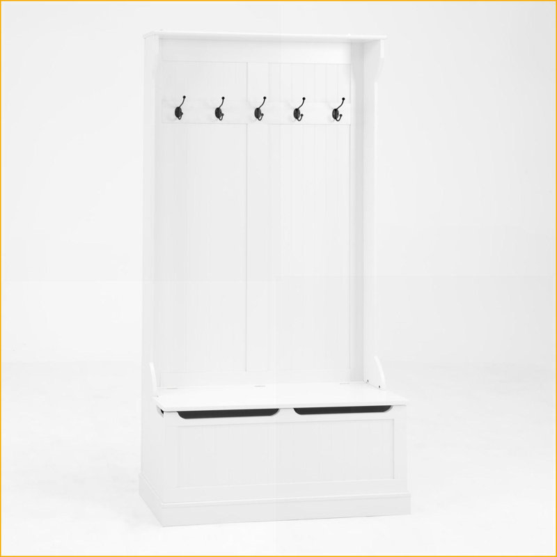 Entryway Hall Tree Bench with Coat Rack, Shoe Storage &amp; 5 Hooks | White | MDF