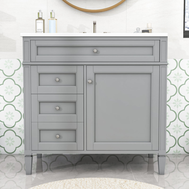 Ensemble de meuble-lavabo simple autoportant avec lavabo en céramique et tiroirs de rangement Eliga, Gray