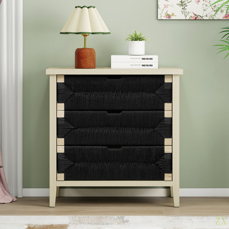 Buffet 3 tiroirs avec tablettes réglables, armoire de rangement avec tiroirs décoratifs en corde tissée à la main pour le salon