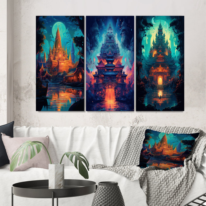 Magical Buddhist Temple Dreamscape - Buddhism Art Set Of 3 Pieces, Toile tendue, H 40 po x l 60 po