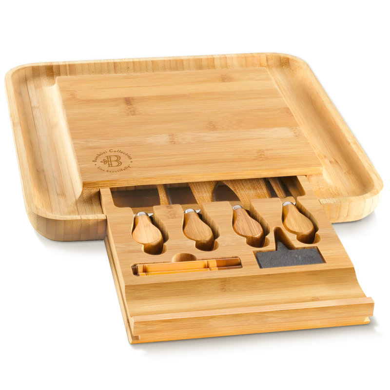 Eco-Friendly Light Brown Bamboo Cheese Board Set with Cutlery Drawer