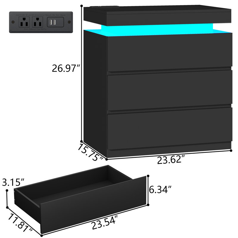 Nightstand With Charging Station And LED Lights, Black
