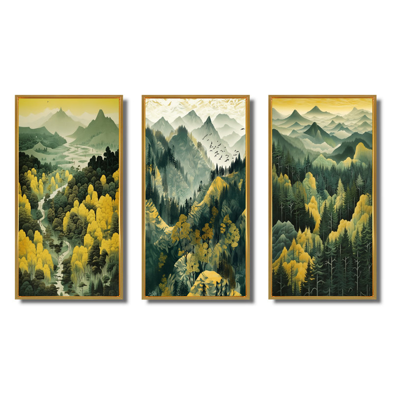 «Green Vision Valley Majestic Mountain Forest I», 3 pièces, Cadre flottant doré, H 60 po x l 40 po
