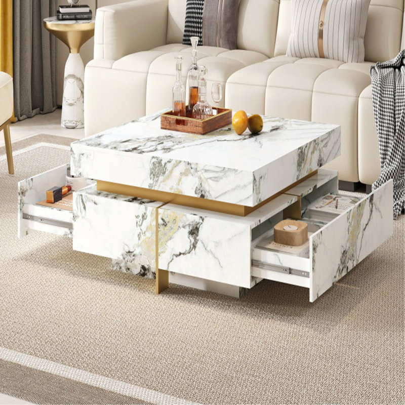 Table basse moderne carrée texturée en marbre avec 4 tiroirs et base suspendue, blanc, 43,3 po