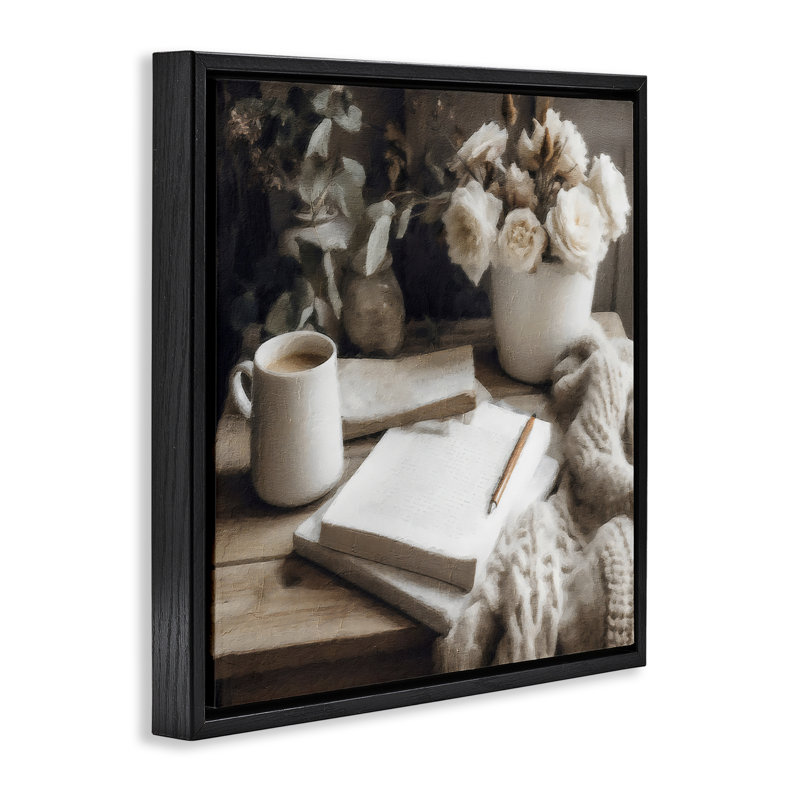 Cadre flottant Morning Coffee & Journaling, design par Riley B, Cadre flottant noir de jais, H 18 po x l 18 po