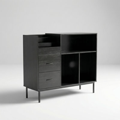 Turntable Media Console with Integrated Power Outlet and Flip-Down Protective Lid, Featuring Storage for Over 300 Vinyl Records and Two Smooth-Glide Drawers in a Versatile Black Wood Grain Finish