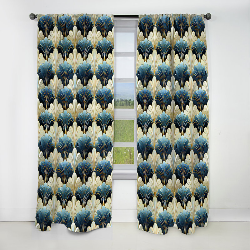 Art déco bleu et beige des années 1970 - Rideau damassé - Rideau occultant en velours - 1 panneaux, L 52 po x L 84 po