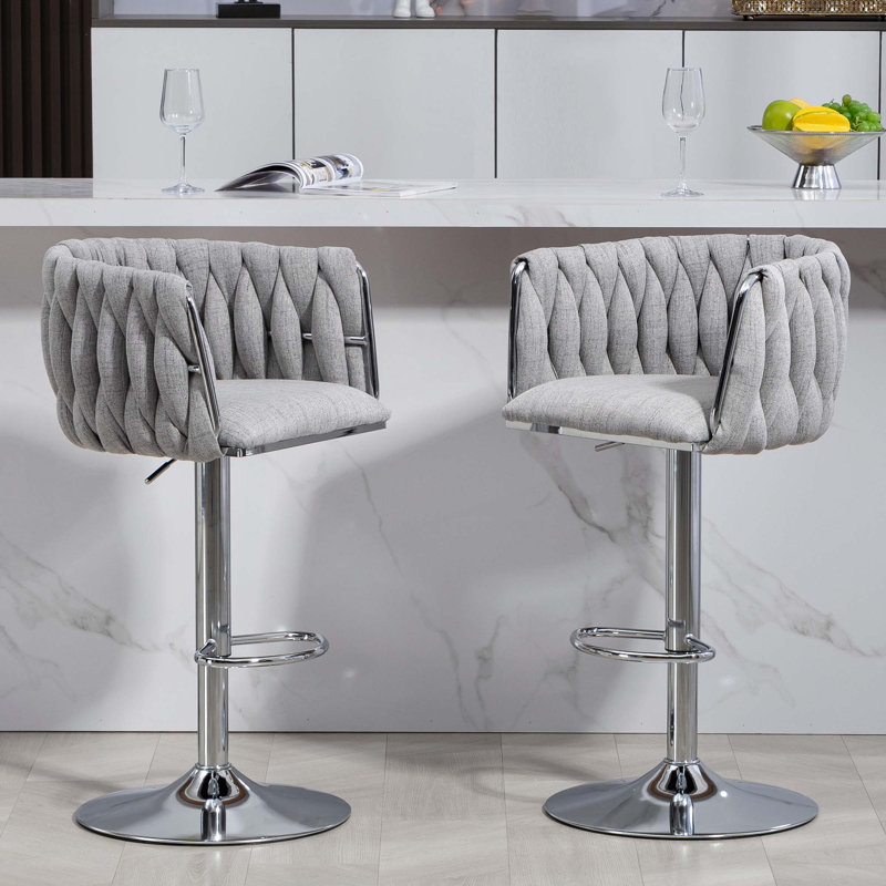 Tabouret de bar pivotant à hauteur ajustable avec dossier tissé et repose-pieds, Gris