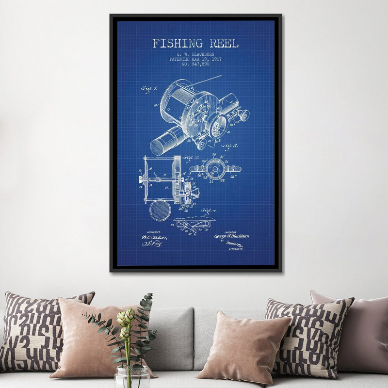 " G.W. Blackburn Fishing Reel Patent Sketch " by Aged Pixel, No Mat, Black Framed Canvas, 26" H x 18" W x 1.5" D
