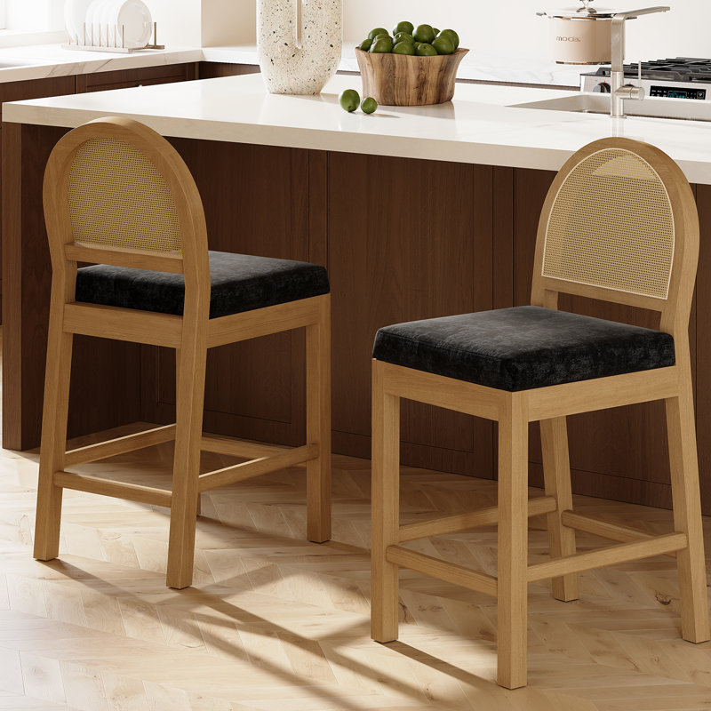 Wooden Bar Stools With Natural Rattan Back (Set Of 2), Black/Velvet