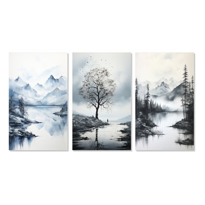 " Gray Blue Minimalism Forest Reflections " 3 - Pieces