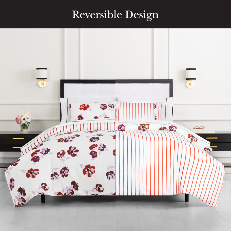 kate spade new york Fall Poppies Twin Comforter Set, 100% Cotton, All Season 2 Piece Reversible Bedding Set, White and Garnet