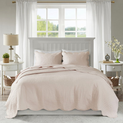 Courtepointe 3 pièces à bord festonné en rosé - réversible, microfibre, rembourrage 90% coton, pièces de literie réversibles élégantes, Enchanting Home