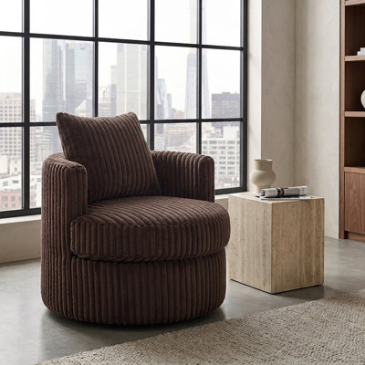 Chaise pivotante rembourrée en velours côtelé d'aspect fourrure chocolat à 360 degrés