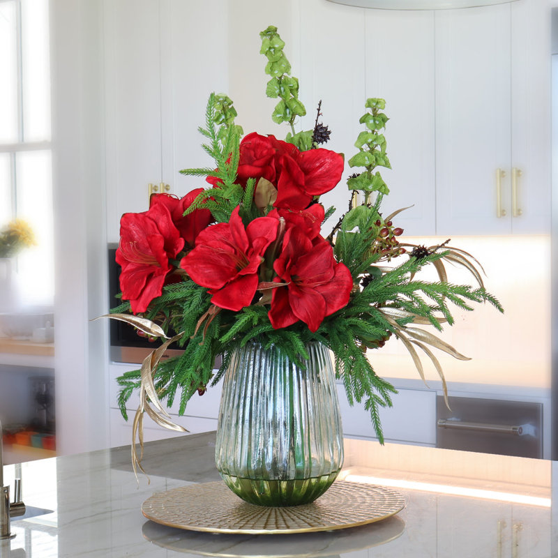 FRESH CUT RED AMARYLLIS IN GREEN GLASS, Red