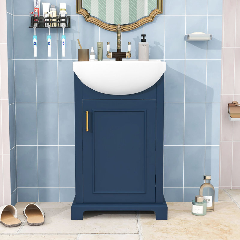 Meuble-lavabo de salle de bain avec lavabo en céramique, tablettes de rangement et porte à fermeture en douceur, Bleu