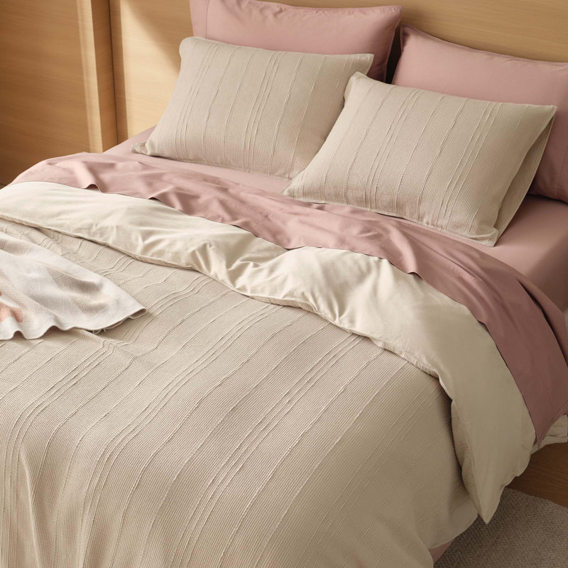 Double Stitch Striped Textured Duvet Cover Set, King Duvet Cover + 2 Shams, Textured Sandstone