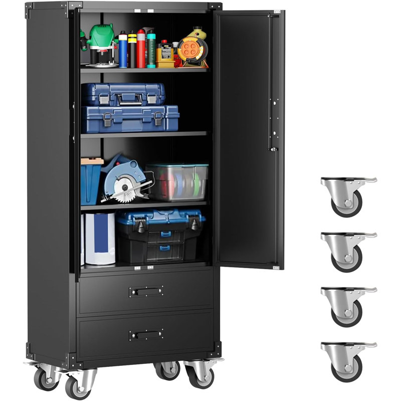 Metal Garage Storage Cabinet,71" Heavy Duty Cold Rolled Steel 2 Door Tool Cabinet with 2 Drawers 3 Adjustable Shelves & 4 Lockable Wheels for Garage,Workshop,Basement Storage