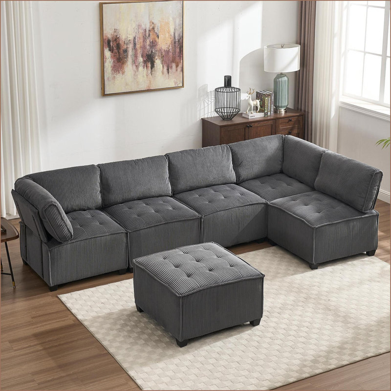 Sectional Sofas Modular U-Shaped 6-Seat with Reversible Chaise for Living Room | Dark Gray | Corduroy, Dark Gray Corduroy