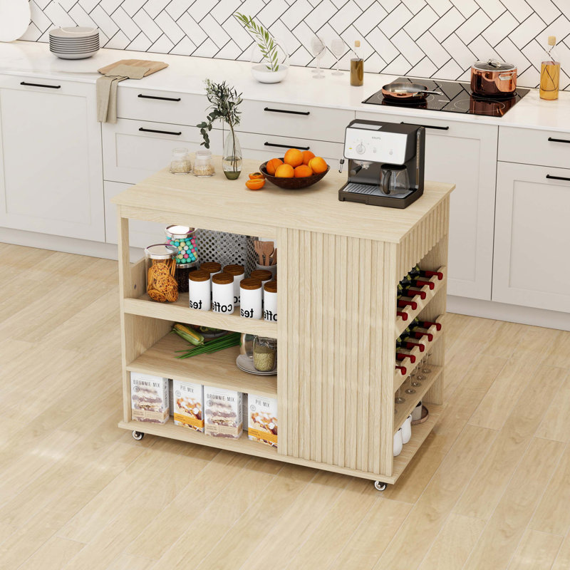 Bar Cart Storage Kitchen Island with Drawer Wine Rack,Lockable Casters, Solid + Manufactured Wood