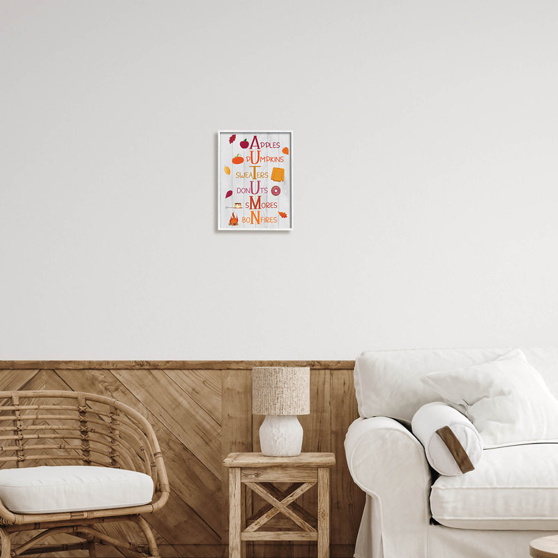Lettres d'automne - mots saisonniers - 215, H 14 po x l 11 po x P 1,5 po, Giclée encadrée blanc bord de mer