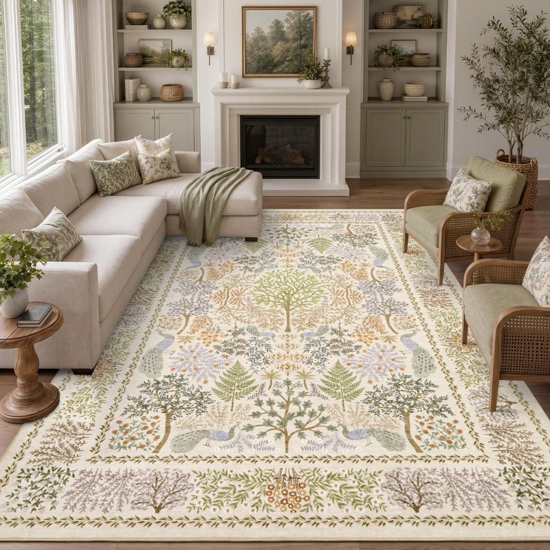 Tapis lavable Peacock Botanical, Beige, Rectangulaire 8 pi x 10 pi