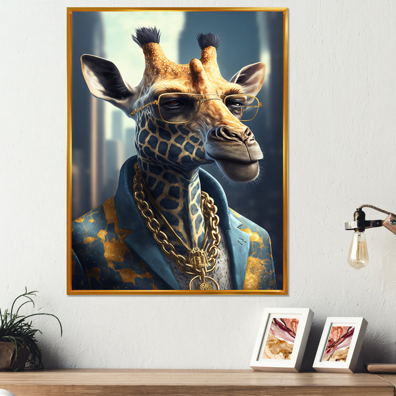 Girafe Ganster - Impression sur toile, H 20 po x l 12 po x P 1 po, Toile avec cadre flottant or