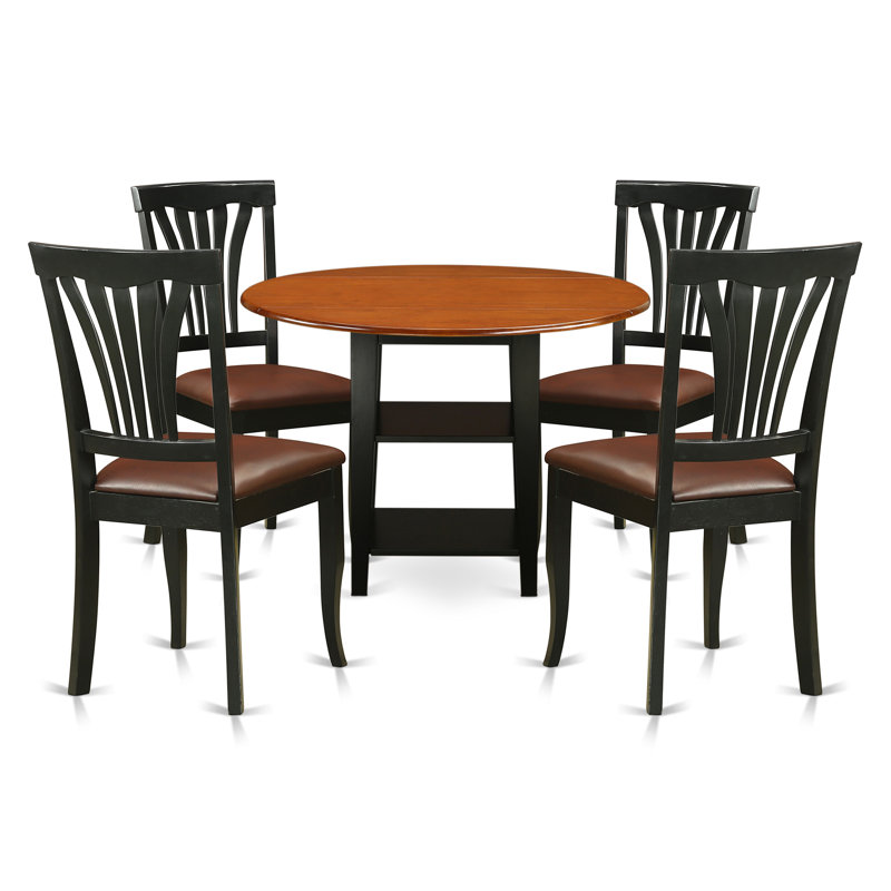 L'ensemble de table de salle à manger 5 pièces pour 4 personnes comprend une table de cuisine ronde avec Dropleaf et des tablettes et 4 chaises de salle à manger en similicuir, noir et cerise