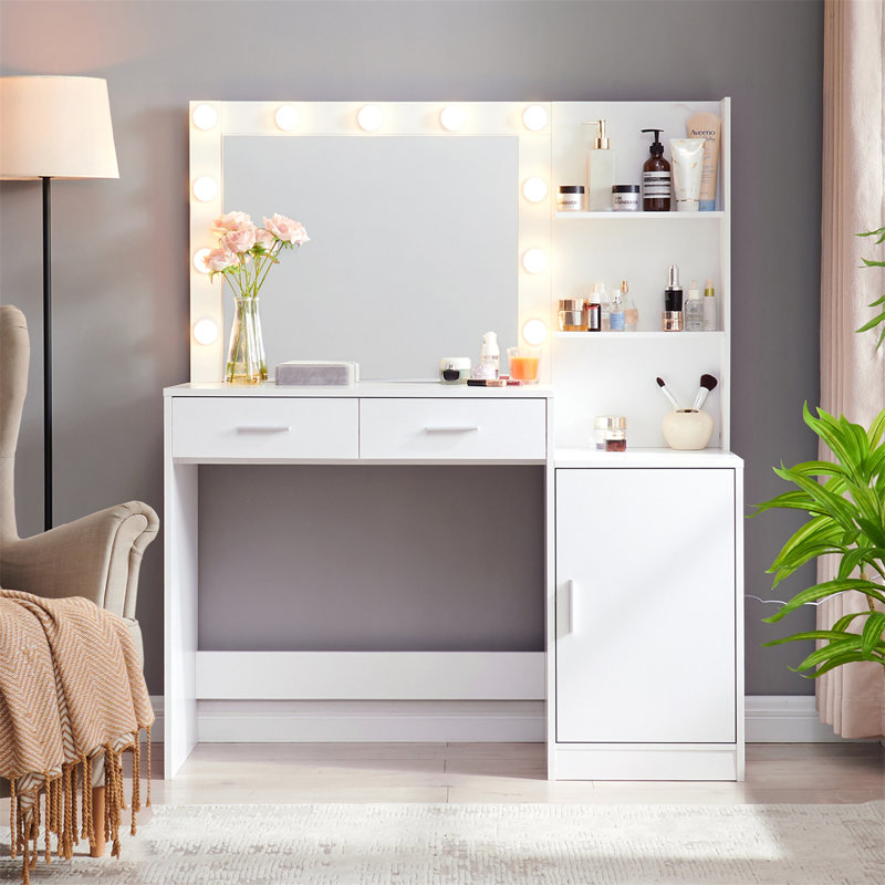 Bureau de coiffeuse avec miroir et lumières, Blanc