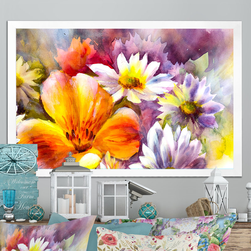 «Bright Bouquet Of Spring Flowers IV», reproduction sur toile flottante, Cadre photo blanc, H 16 po x l 32 po x P 1 po
